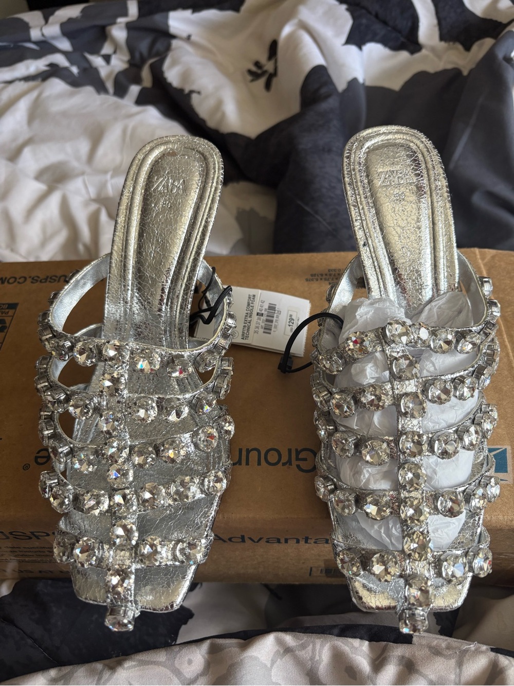 Brand new Zara Embellished Silver Crystal Caged Mule Sandals